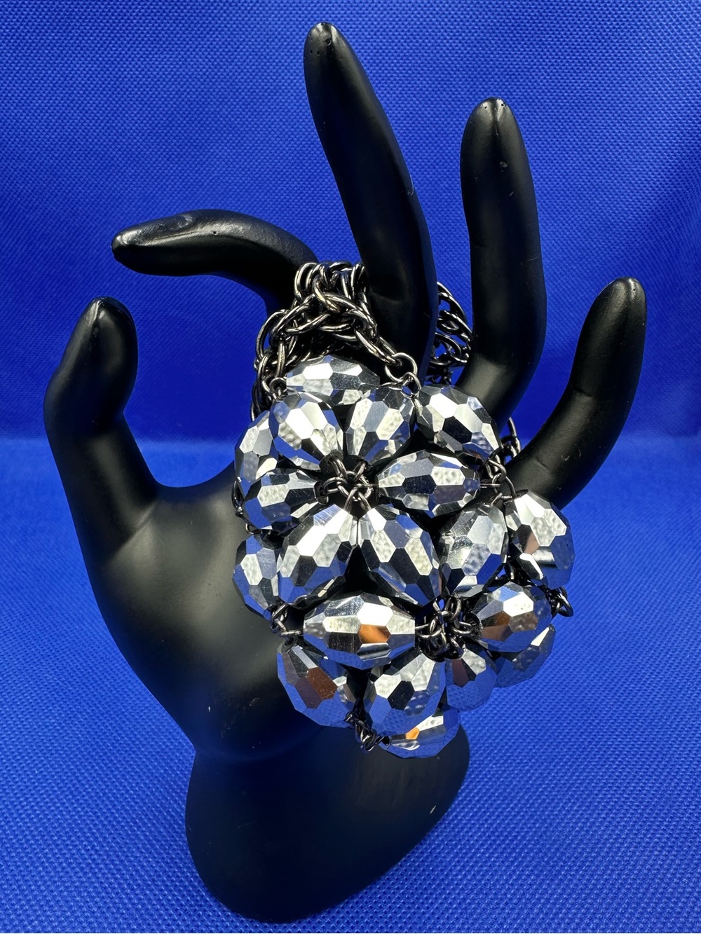 Chunky Statement Faceted Silver/Gray Crystal Beads Cluster Bracelet